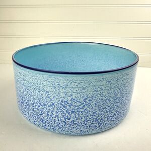 Taylor Backes Studio Art Glass Hand Blown Bowl Blue Speckled Swirl Purple Rim